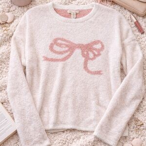Happily Grey Bow Sweater Small Cream Pink Fuzzy Knit NWT